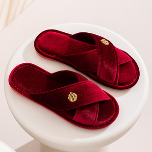 Bow red velvet slippers women's autumn and winter wedding morning gown slippers bride's birth year slippers non-slip