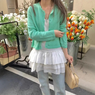 Korean drama with 2025 spring Korean generation pine stone green alpaca wool sweater women's gentle lace thin cardigan