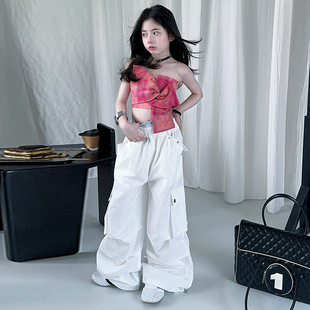 2025 new girls American overalls spring and summer high waist wide leg pants mop pants pink knotted sleeveless top