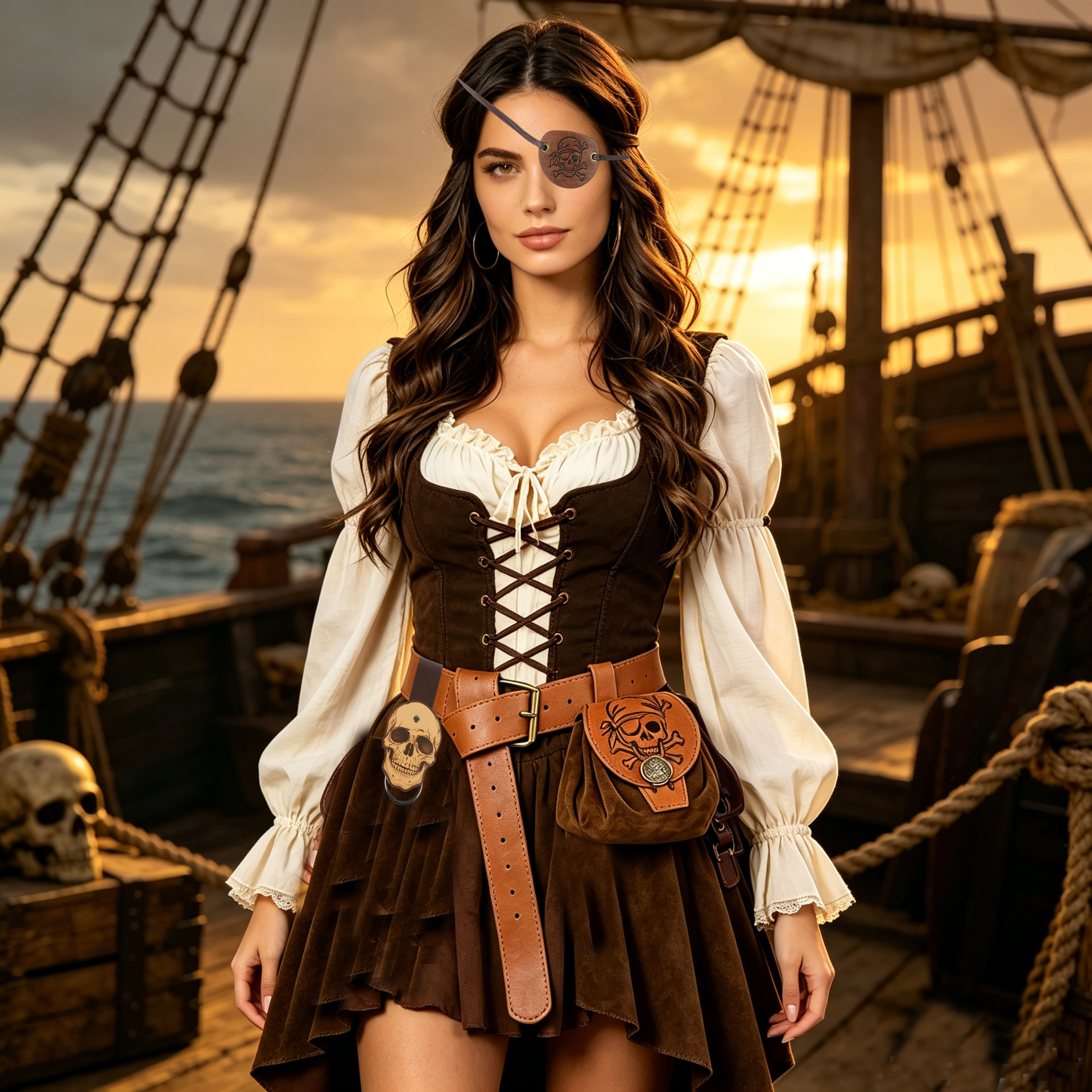 In-Stock Medieval Pirate Skull Leather Waist Bag, Belt, and Wristband Set Halloween Cosplay Renaissance Props
