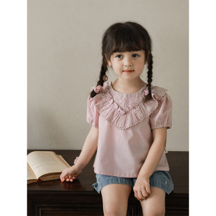 Wuri Boo One Girl Embroidered Shirt Shorts suit Children Korean Style Butterfly Embroidered Jeans Thin Summer Top