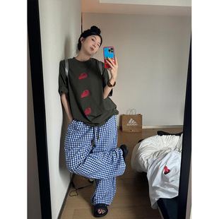 Ins Korean Style Casual Short-sleeved Pajamas Women's Summer 2024 New Loose T-shirt Plaid Trousers Home Clothes Two-piece Set