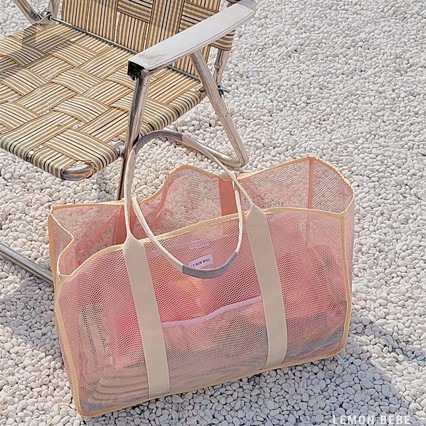 Korean-style beach bag, large capacity, outdoor sports and fitness towel, tote bag, swim bag with openwork mesh.