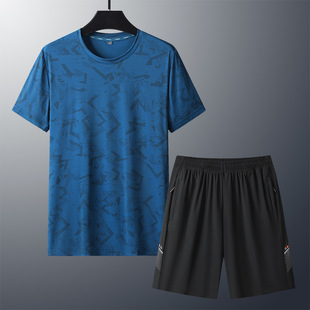 Summer Ice Silk Casual Sports suit Men's Fashion Short-sleeved T-shirt Shorts Men's Quick-drying Ice plus size Men's Summer Wear