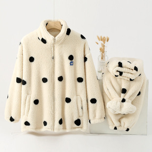 Winter cotton velvet stand collar zipper pajamas suit women's autumn and winter fleece-lined thick warm long sleeve trousers home clothes