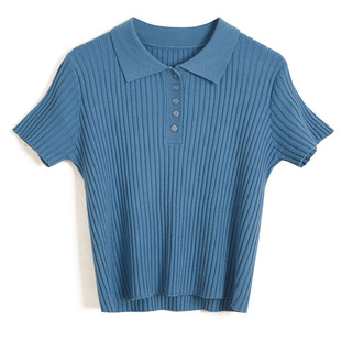 Wool, umbilical "small waist essence", polo collar high waist knitted short sleeve women's slim fit short jacket spring