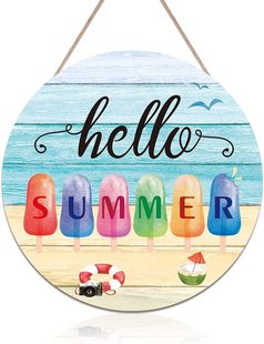 Hello Summer country wooden house sign plaque, Summer beach theme wooden door hook door tag