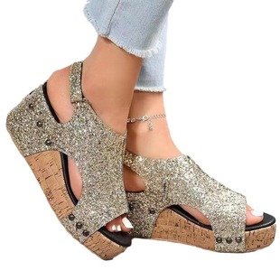 Cross-border Foreign Trade plus size Platform Sandals Women's 2024 Summer New Wedge Fish Beak Rivet Sandals Women's Outer Wear Sandals