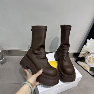Hot Girls Long Boots Women's Autumn and Spring Platform Stretch Thin Boots with Thick Bottom Stretch Thin Boots for Small Height Raise Slimming High Barrel Knight Boots Women's Trendy