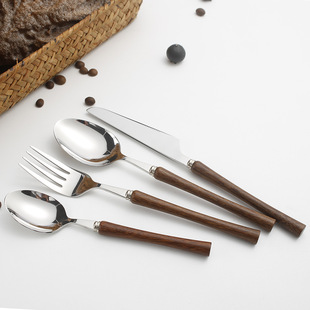 New Ins Stainless Steel Spoon with Wooden Handle Western Food Spoon Solid Wood Handle Small Man Waist Knife and Fork Restaurant Dining Adult Spoon