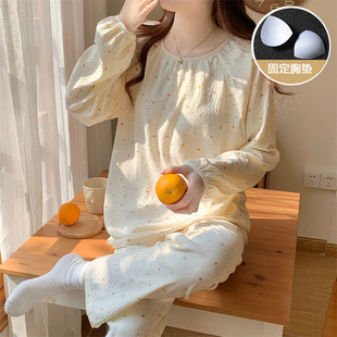 Women's pajamas Spring and Autumn new cool cotton with chest pad round neck long sleeve trousers girl sweet cute home wear thin