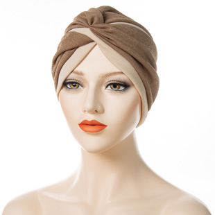 Amazon hot sale New headscarf hat two-color stitching forehead cross Muslim Indian hat one-piece delivery