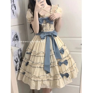 French Style Design Bow Royal Court Style Waist Tight Square Mouth Collar Lace Lace Lace dress
