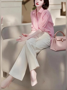 Early autumn 2024 new women's temperament a set of wear high-end sense of professional striped shirt two-piece suit pants