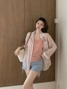 [Factory in stock] French Striped Ice Silk Sunscreen Long Sleeve Shirt Jacket Women's Summer Thin Tulle Tencel Top