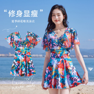 New hot spring swimsuit maple leaf print one-piece swimsuit high waist slimming floral swimsuit women's short sleeve swimming skirt in stock