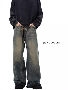 JIAMU Autumn and Winter Hot Selling Loose Straight oversize Neutral Style A Jeans Men and Women Vintage Washed Wide Legs