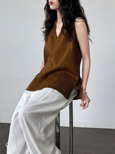 Luxi French Style Linen V-neck Hanging Neck Vest Women's Summer New Holiday Style Sling Top Small Shirt T-shirt 8754