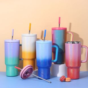 New handle stainless steel thermos cup large capacity 40oz gradient ice cup convenient handle suction tube cup car cup