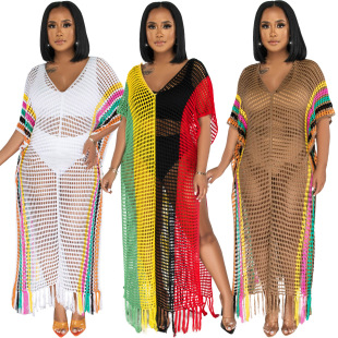 Add color CM8667 cross-border supply summer new women's dress sexy hand hook knitted tassel color matching beach skirt