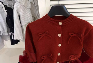 Girls' Cardigan Sweater Spring and Autumn 2024 New Children's Western Style Red Large Lapel Thin Girls' Knitted Coat