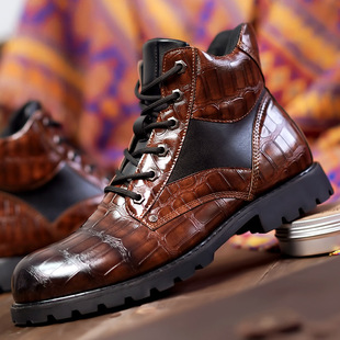 2023 autumn and winter New European and American vintage imitation crocodile leather men's shoes leather shoes fashion men's boots Martin boots men's