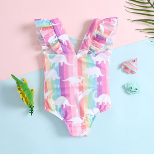 -Rainbow dinosaur print girl ruffled conjoined