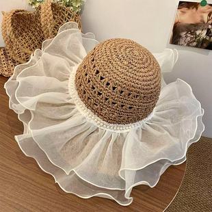 Cross-border Wholesale Lace Beach Hat Straw Hat Women's Summer Curled Seaside Hollow Lafite Sunhat Big Brim