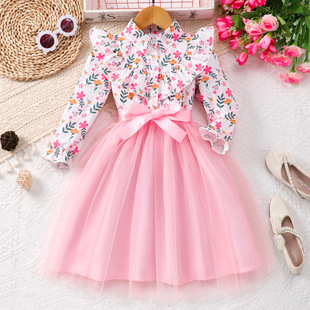 New Girl's Big Boy Long Sleeve Lel Floral Printed Mesh dress Woven Belt