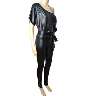 Kim Korean Autumn Women's Clothing Amazon ebay Cross-border Leather Jumpsuit Strap Shoulder Sexy Tight Leather Ins