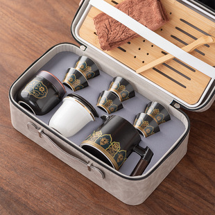 High-grade leather bag travel kung fu tea set ceramic a pot of three or four six cups company souvenir gift wholesale