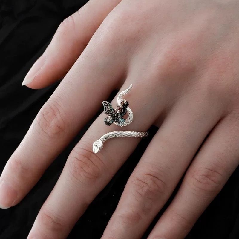 Rose Butterfly with Silver Snake Creative Retro Ring Niche Retro Medieval Sweet and Cool Opening
