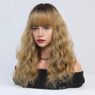 Cross-border Japanese and Korean wig women's smog blue wave curly medium long curly hair high temperature silk wig set Blue Wigs