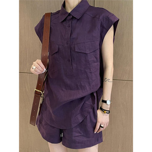 Spring with a set of cool and elegant elegant elegant purple shirt casual shorts suit