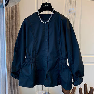 Design sense niche French retro artistic elastic waist-wrapped placket symmetrical pleated cotton shirt 2022 autumn