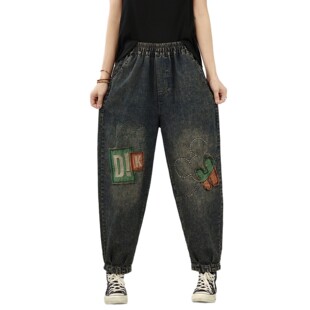 Personalized Cartoon Pic Cropped Jeans Women's Loose plus size Slimming Western Style Retro Distressed Harlan Carrot Pants