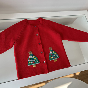2023 new children's Christmas cardigan sweater girls' red wool sweater Christmas tree small coat top