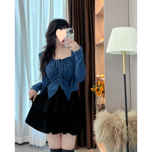 Chubby Size Spring and Autumn Sexy Spice Girl suit Women's Knitted Top Autumn Long-sleeved Half-length Skirt Two-piece Set