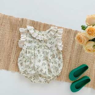 ins Girls' Lace Floral Hare Clothes for Baby Girls Summer Thin Summer Clothes Baby's Cute Flying Sleeve Jumpsuit for Climbing