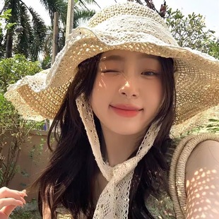 Straw hat seaside hat ins lace-up straw hat women's travel sun protection beach sun hat lace sun hat