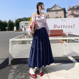 Korean Style Retro Blue Floral Skirt Women's Spring 2025 New High Waist A- Line Skirt Casual Lazy Style Long Skirt