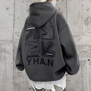Hong Kong style autumn and winter New hooded sweater men's and women's same style American print fleece-lined couple's all-match loose coat ins