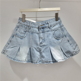 American Style Retro Denim Skirt Women's Summer 2025 New High Waist Pleated Skirt for Small A- shape Slimming Skirt