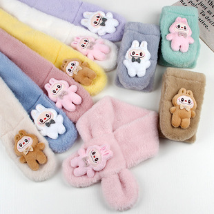 2024 Winter New Children's Plush Scarf Cute Cartoon Rabbit Solid Color Cross Warm Scarf for Boys and Girls