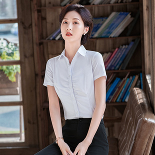 Black Short-sleeved Shirt Women's V-neck Professional Korean-style Elegant Slim-fit Chest Pleated Stretch Shirt Work Clothes for Interview