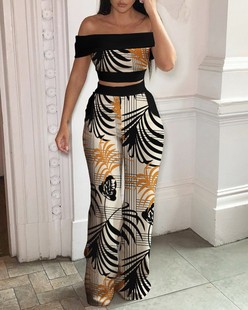 2022 Summer New European and American Print Off-shoulder Sexy Short Sleeve Crop Top and High Waist Wide Leg Trousers Set