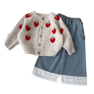 New 2024 Autumn and Winter Korean Style Girls Strawberry Knitted Cardigan Sweater Baby Wide Leg Denim Trendy Pants Two-piece Set
