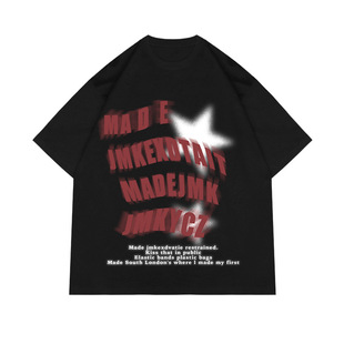 JMK EXDVATIE Summer American Style Retro Star Alphabet Printed T-shirt Trendy Brand High Street Loose Men's and Women's Short Sleeves