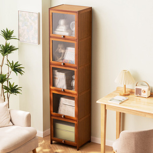 Narrowband Bookcase Plaid Bookshelf Dust-proof Modern Floor-standing Simple Combination Solid Wood Vertical Cabinet Door Cabinet Storage Cabinet