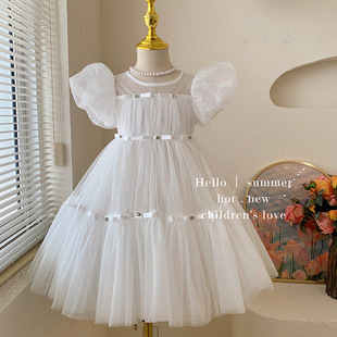 Girls Summer Dress 2024 New Stylish Children's Fashionable Bubble Sleeve Mesh Dress Sweet Elegant Princess Dress